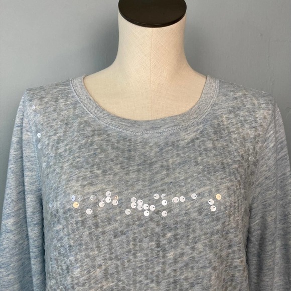ABERCROMBIE & Fitch Heather Blue French Terry Sequin Front Top Size M Raw Hem - Picture 3 of 13